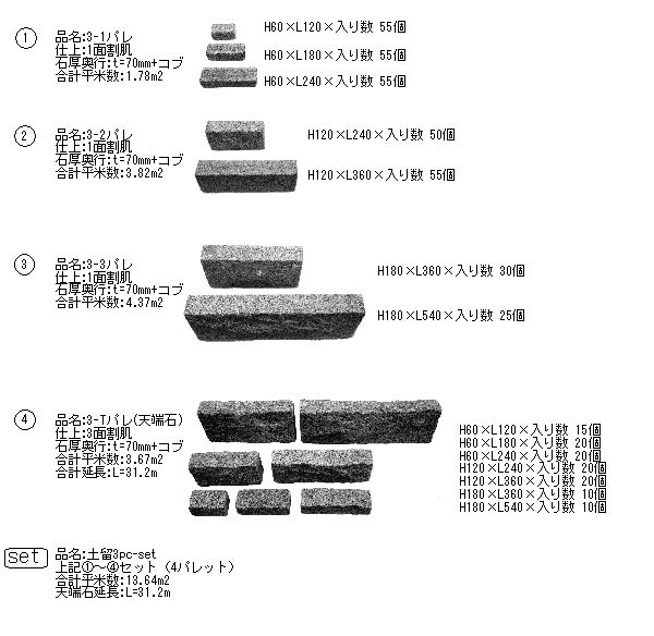 方形割付タイプ土留小端積3pc 方形割付タイプ土留小端積3pc